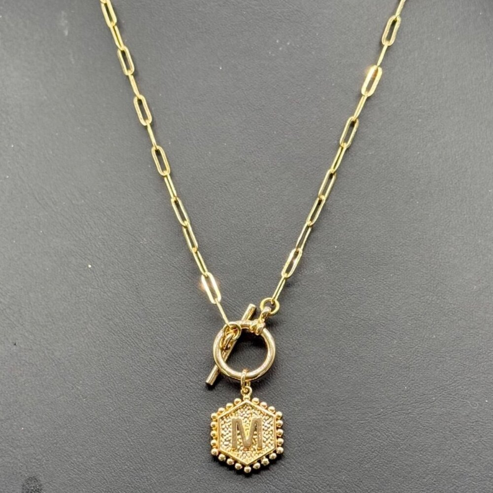 Plunder Gold-toned Hexagon Pendant Necklace Initial "M" Toggle Clasp 20"